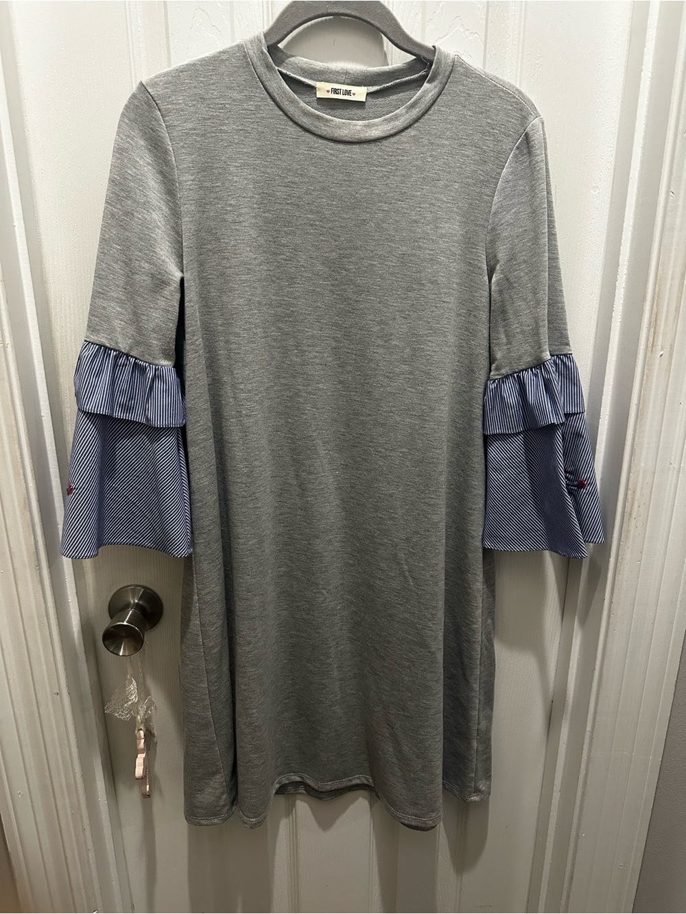 Grey Tunic Dress with Blue Stripe Ruffle Sleeves and floral detail